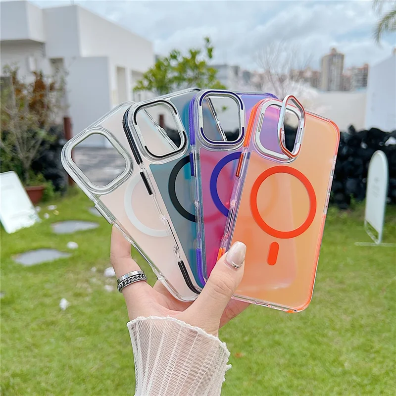 For iPhone 17 Magnetic Case Fluorescent Design TPU Acrylic Phone Back Cover with Lens Frame Kickstand - Orange