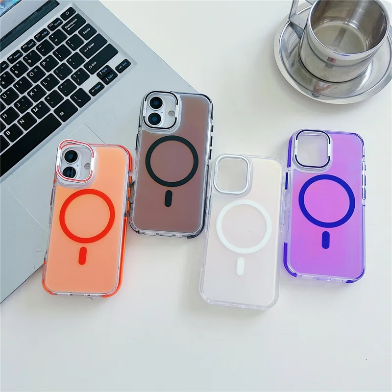 For iPhone 17 Magnetic Case Fluorescent Design TPU Acrylic Phone Back Cover with Lens Frame Kickstand - Orange