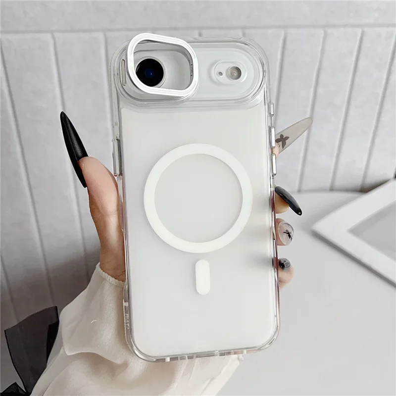 For iPhone Air Magnetic Case Fluorescent Design TPU Acrylic Phone Back Cover with Lens Frame Kickstand - White