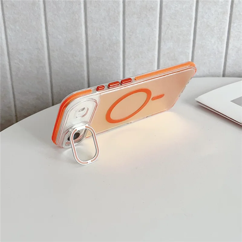 For iPhone Air Magnetic Case Fluorescent Design TPU Acrylic Phone Back Cover with Lens Frame Kickstand - White