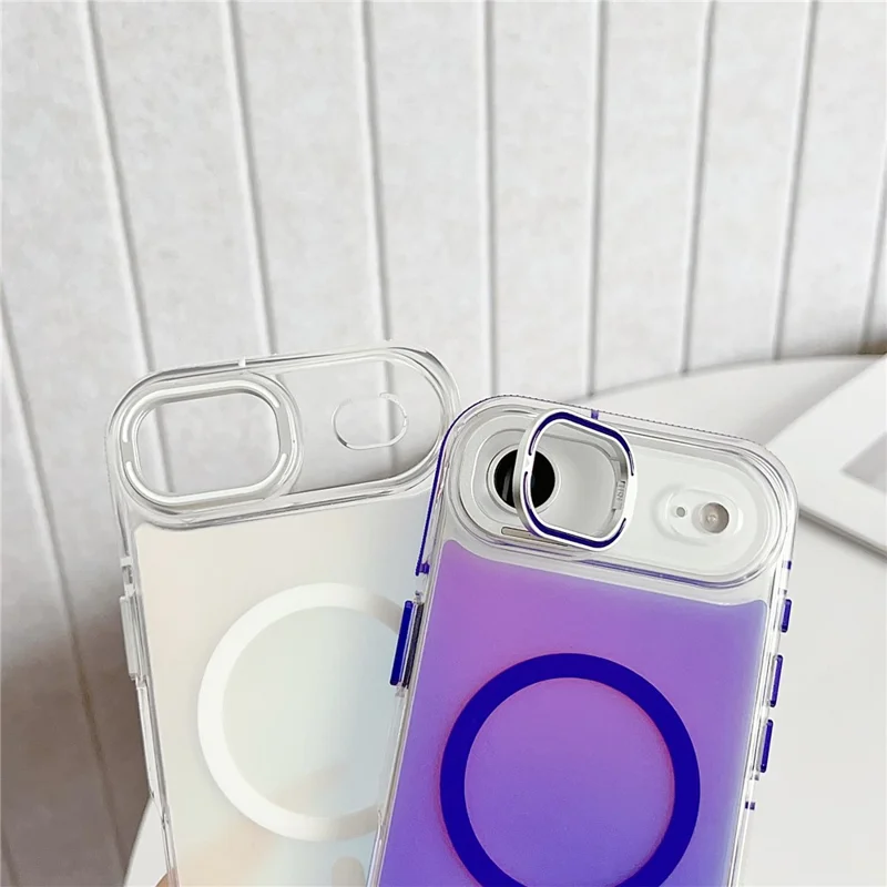 For iPhone Air Magnetic Case Fluorescent Design TPU Acrylic Phone Back Cover with Lens Frame Kickstand - White