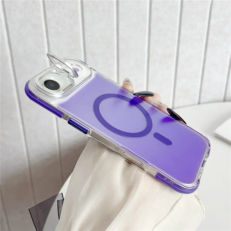 For iPhone Air Magnetic Case Fluorescent Design TPU Acrylic Phone Back Cover with Lens Frame Kickstand - White