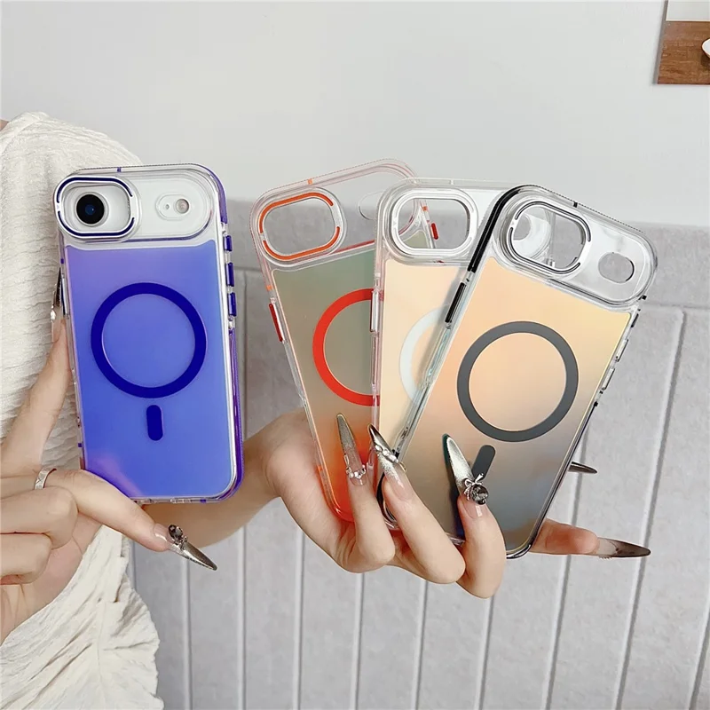 For iPhone Air Magnetic Case Fluorescent Design TPU Acrylic Phone Back Cover with Lens Frame Kickstand - White