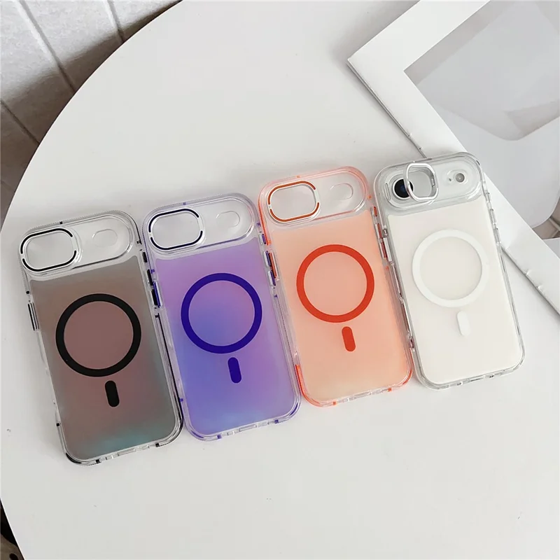 For iPhone Air Magnetic Case Fluorescent Design TPU Acrylic Phone Back Cover with Lens Frame Kickstand - White