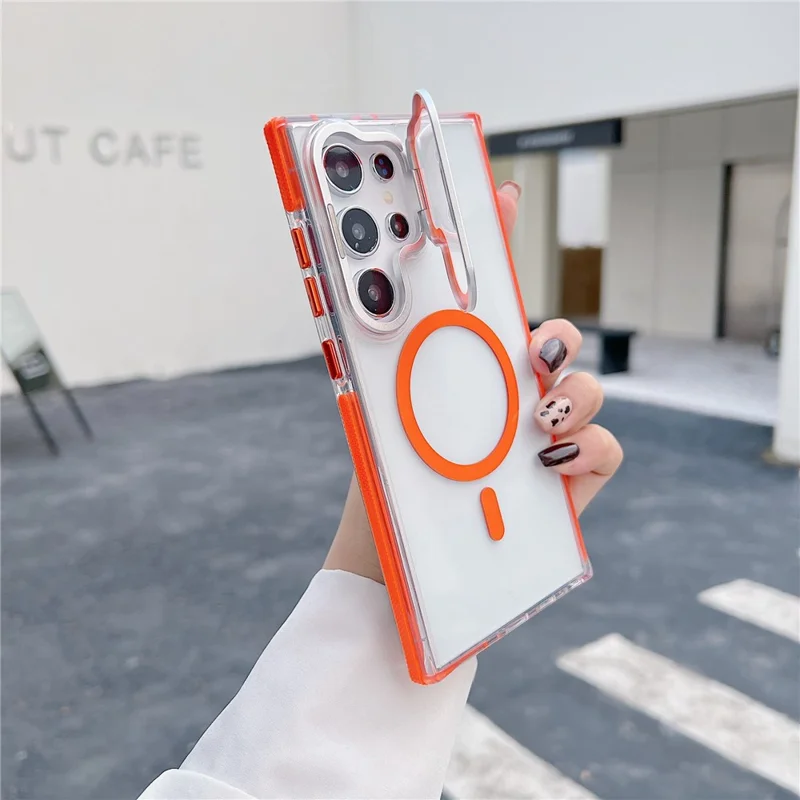 For Samsung Galaxy S26 Ultra Magnetic Case TPU Acrylic Clear Phone Back Cover with Lens Protector Kickstand - Orange