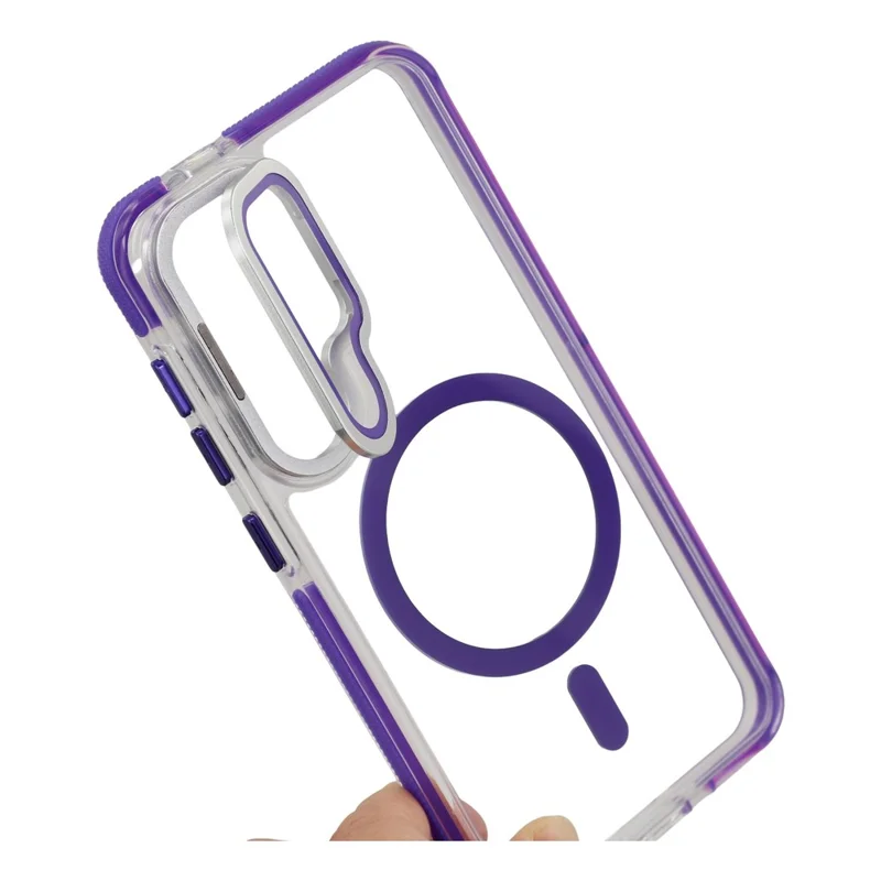 For Samsung Galaxy S26+ Magnetic Case TPU Acrylic Clear Phone Back Cover with Lens Protector Kickstand - Purple