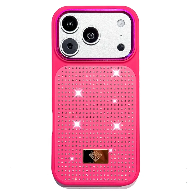 For iPhone 17 Pro Max Case Resin Rhinestones Metal Emblem TPU + PC Shockproof Phone Cover - Rose