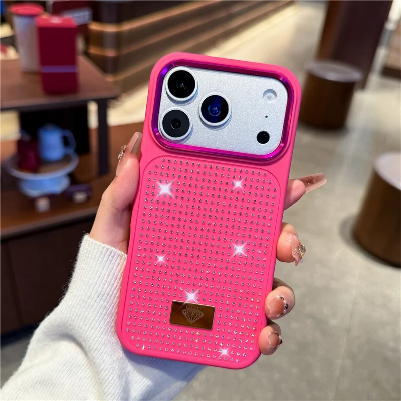 For iPhone 17 Pro Max Case Resin Rhinestones Metal Emblem TPU + PC Shockproof Phone Cover - Rose
