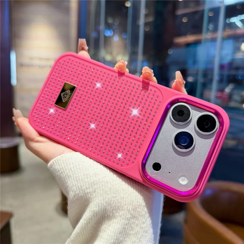 For iPhone 17 Pro Max Case Resin Rhinestones Metal Emblem TPU + PC Shockproof Phone Cover - Rose