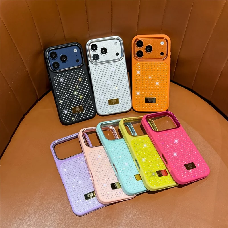 For iPhone 17 Pro Max Case Resin Rhinestones Metal Emblem TPU + PC Shockproof Phone Cover - Rose