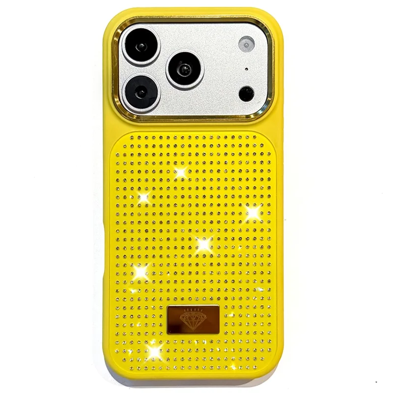 For iPhone 17 Pro Max Case Resin Rhinestones Metal Emblem TPU + PC Shockproof Phone Cover - Yellowgreen