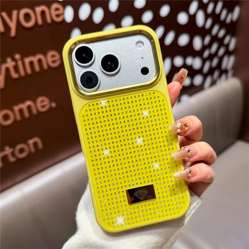 For iPhone 17 Pro Max Case Resin Rhinestones Metal Emblem TPU + PC Shockproof Phone Cover - Yellowgreen