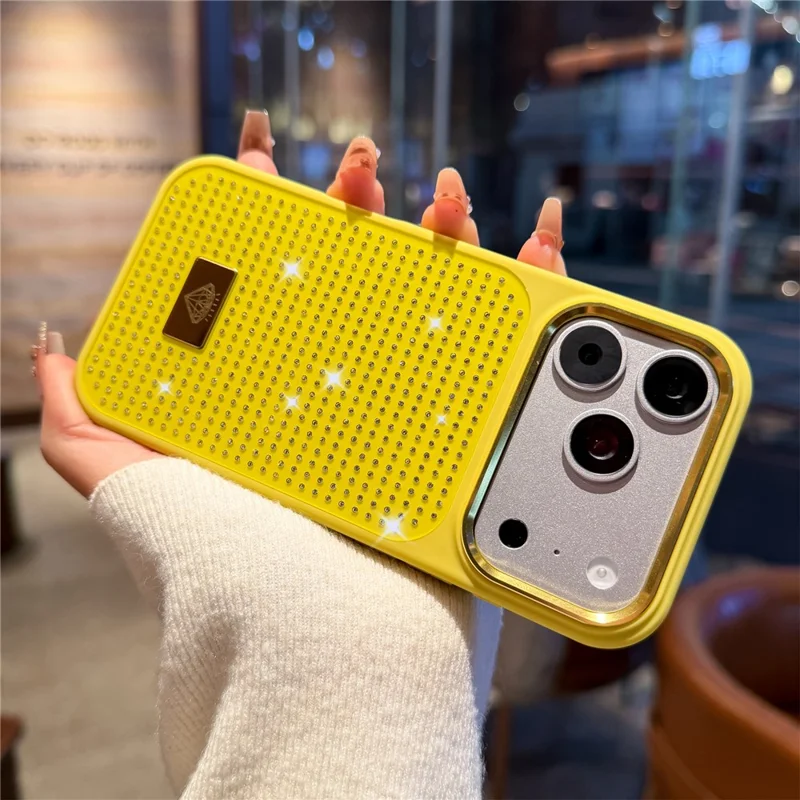 For iPhone 17 Pro Max Case Resin Rhinestones Metal Emblem TPU + PC Shockproof Phone Cover - Yellowgreen