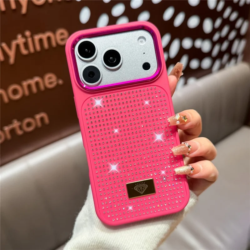 For iPhone 17 Pro Case Resin Rhinestones Metal Emblem TPU + PC Shockproof Phone Cover - Rose