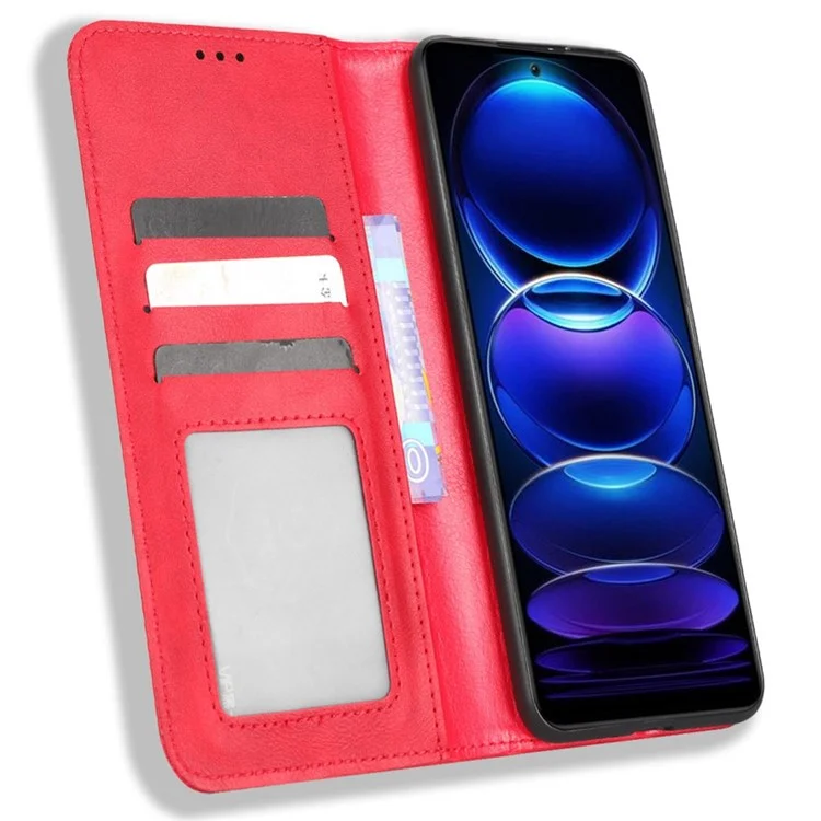 Case de Teléfono de Textura Retro Para Xiaomi Redmi Nota 12 5G Patrón Impreso PU Cuero Magnético Cierre Automático Cierre de la Billetera Cubierta de Teléfono Celular de Protección Completa - Rojo