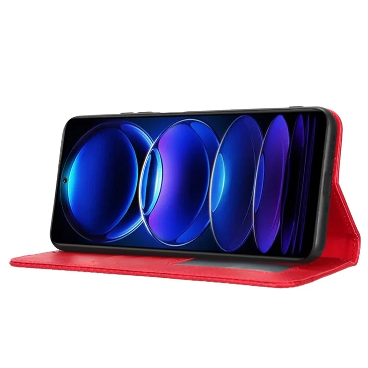 Case de Teléfono de Textura Retro Para Xiaomi Redmi Nota 12 5G Patrón Impreso PU Cuero Magnético Cierre Automático Cierre de la Billetera Cubierta de Teléfono Celular de Protección Completa - Rojo