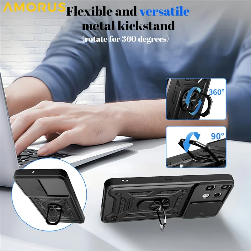 AMORUS Capa para Nothing Phone (3a) Lite 5G com Suporte Giratório, Capa para Telemóvel em PC + TPU com Cobertura Deslizante para Câmara - Preto