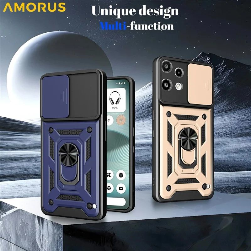 AMORUS Capa para Nothing Phone (3a) Lite 5G com Suporte Giratório, Capa para Telemóvel em PC + TPU com Cobertura Deslizante para Câmara - Preto
