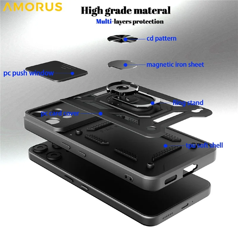 AMORUS Capa para Nothing Phone (3a) Lite 5G com Suporte Giratório, Capa para Telemóvel em PC + TPU com Cobertura Deslizante para Câmara - Preto