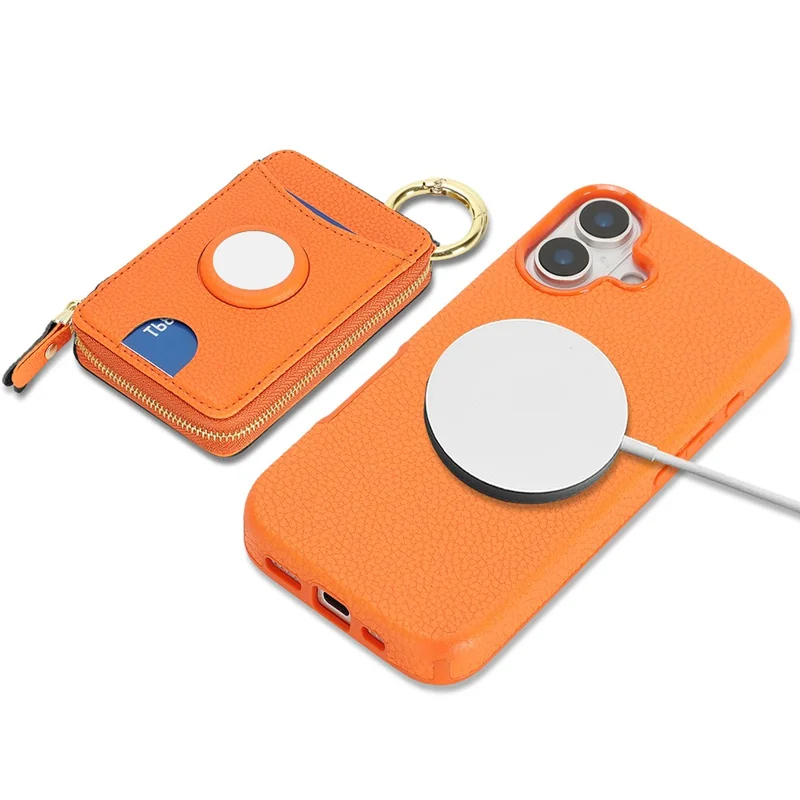 Coque pour iPhone 17 en cuir PU avec revêtement TPU, étui magnétique amovible avec emplacement pour AirTag - Orange