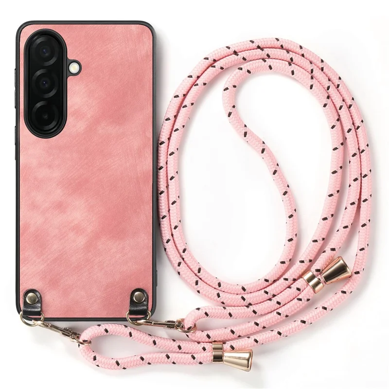 For Samsung Galaxy A37 5G Retro Leather Phone Back Cover with Adjustable Strap - Pink
