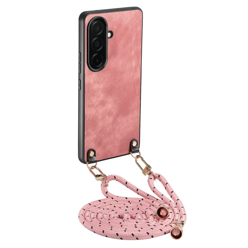 For Samsung Galaxy A57 5G Retro Leather Phone Back Cover with Adjustable Strap - Pink