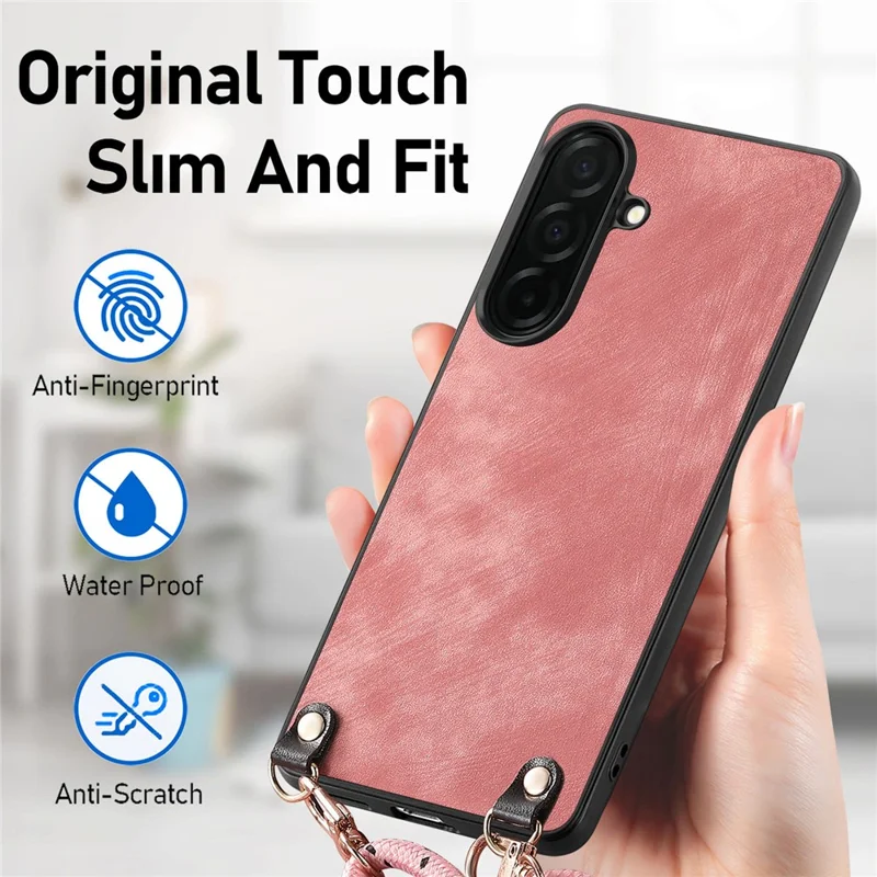 For Samsung Galaxy A57 5G Retro Leather Phone Back Cover with Adjustable Strap - Pink