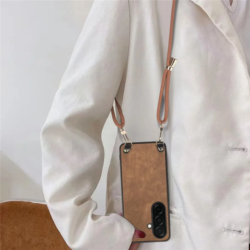 For Samsung Galaxy A57 5G Retro Leather Phone Back Cover with Adjustable Strap - Pink