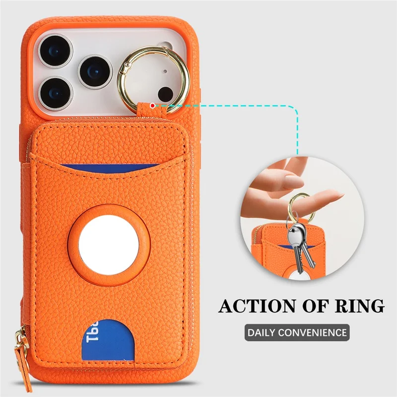 Coque pour iPhone 17 Pro, housse en cuir PU et TPU avec portefeuille magnétique détachable et emplacement pour AirTag - Orange