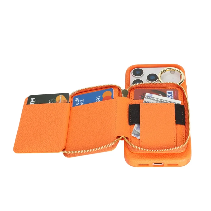 Coque pour iPhone 17 Pro, housse en cuir PU et TPU avec portefeuille magnétique détachable et emplacement pour AirTag - Orange