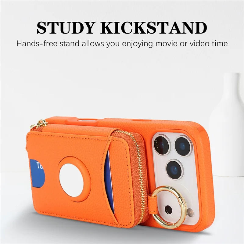 Coque pour iPhone 17 Pro, housse en cuir PU et TPU avec portefeuille magnétique détachable et emplacement pour AirTag - Orange