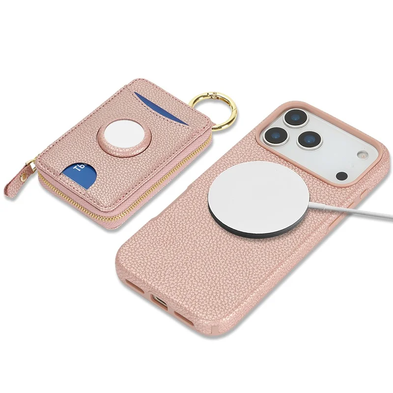 For iPhone 17 Pro Case PU Leather Coated TPU Phone Cover with Magnetic Detachable Wallet for AirTag - Rose Gold