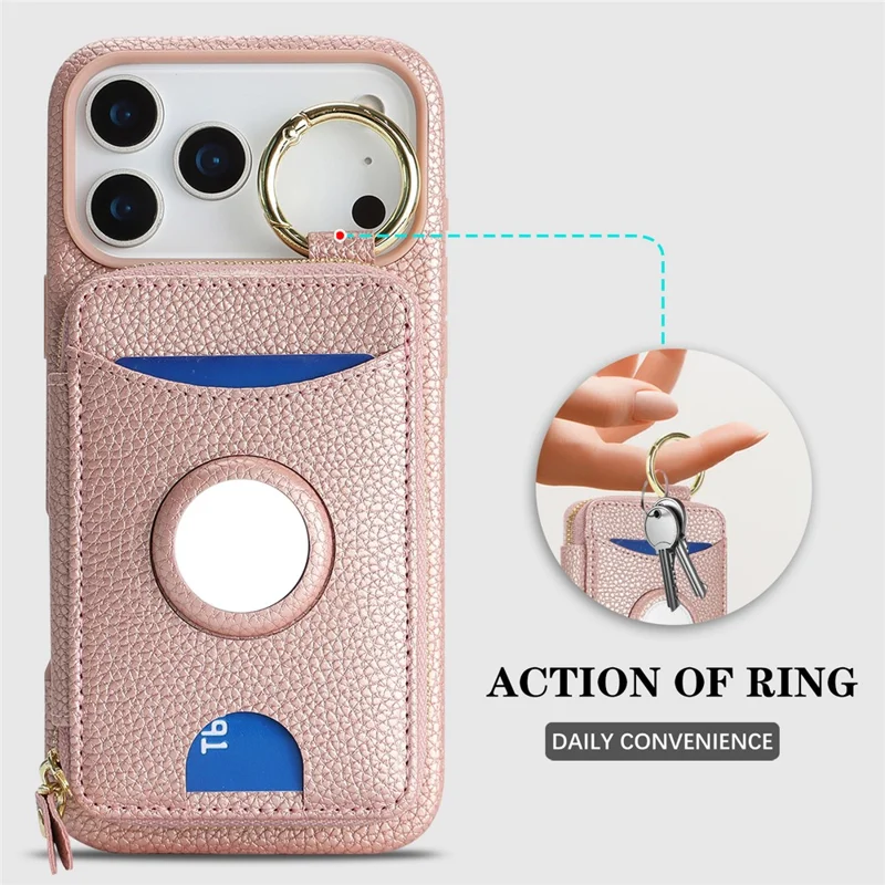 For iPhone 17 Pro Case PU Leather Coated TPU Phone Cover with Magnetic Detachable Wallet for AirTag - Rose Gold