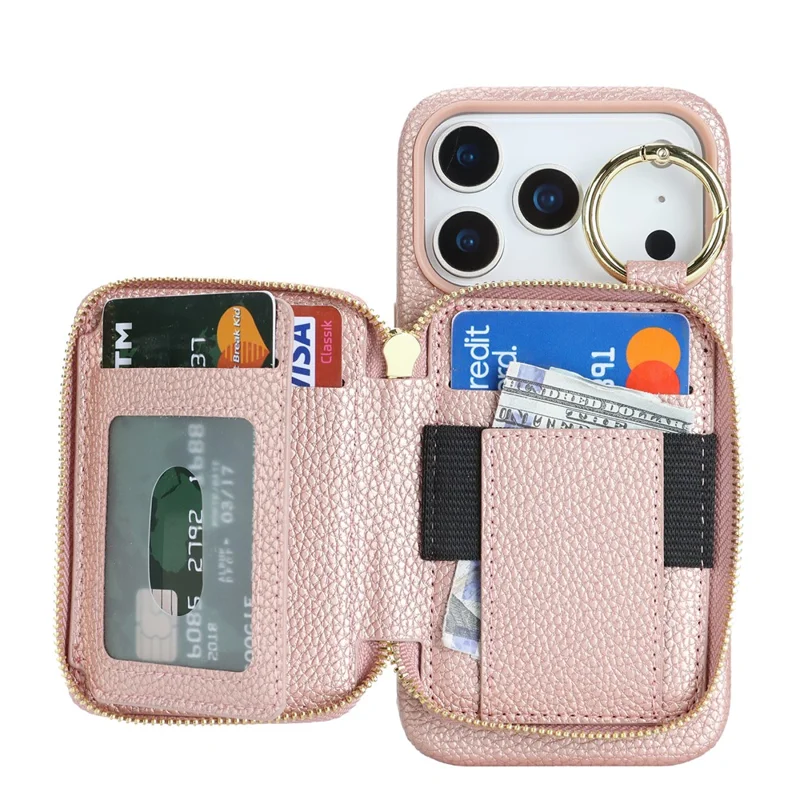 For iPhone 17 Pro Case PU Leather Coated TPU Phone Cover with Magnetic Detachable Wallet for AirTag - Rose Gold