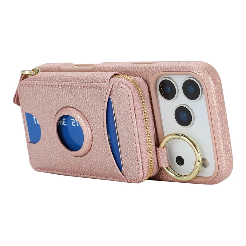 For iPhone 17 Pro Case PU Leather Coated TPU Phone Cover with Magnetic Detachable Wallet for AirTag - Rose Gold