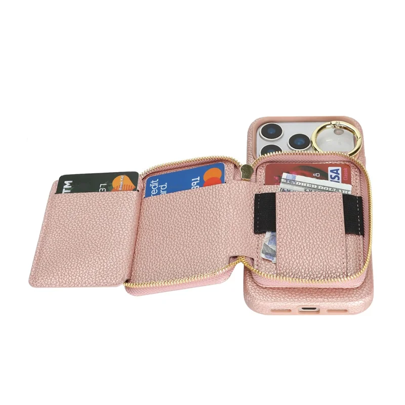 For iPhone 17 Pro Case PU Leather Coated TPU Phone Cover with Magnetic Detachable Wallet for AirTag - Rose Gold