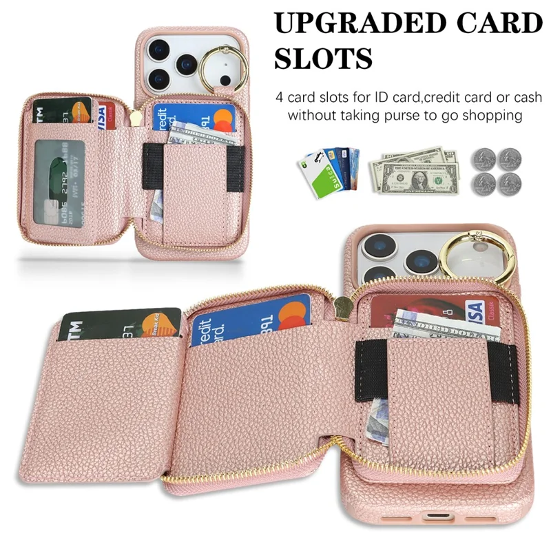 For iPhone 17 Pro Case PU Leather Coated TPU Phone Cover with Magnetic Detachable Wallet for AirTag - Rose Gold