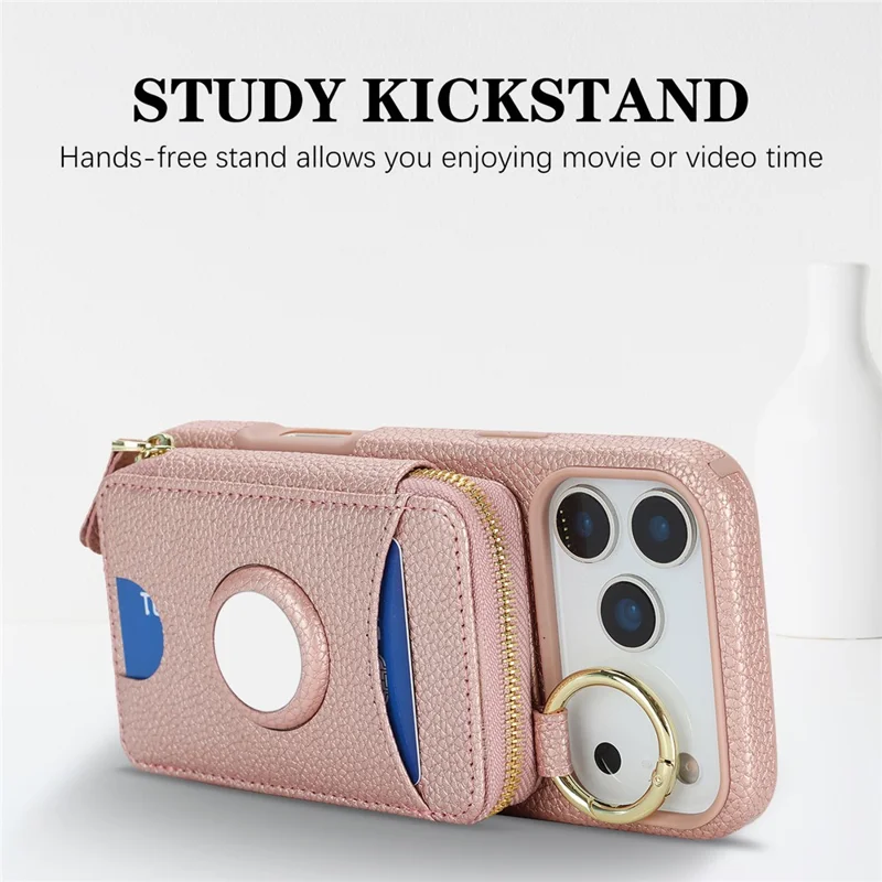 For iPhone 17 Pro Case PU Leather Coated TPU Phone Cover with Magnetic Detachable Wallet for AirTag - Rose Gold