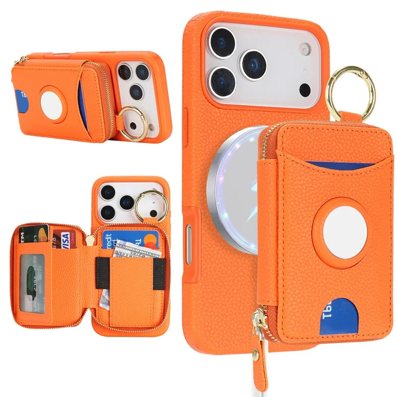 Coque pour iPhone 17 Pro Max, housse en cuir PU et TPU magnétique détachable avec porte-cartes et emplacement pour AirTag - Orange
