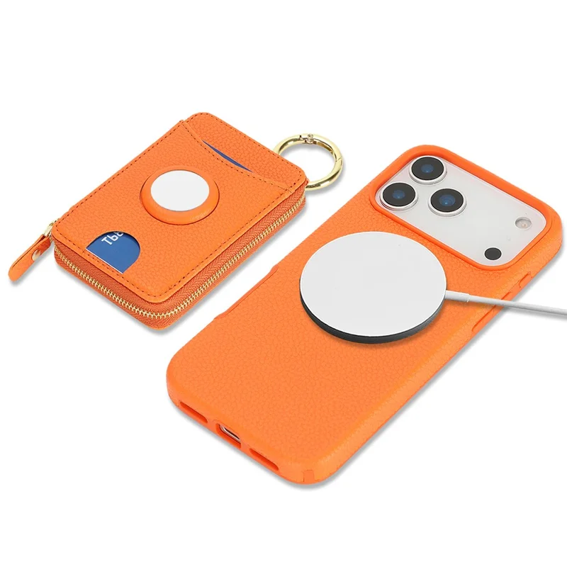 Coque pour iPhone 17 Pro Max, housse en cuir PU et TPU magnétique détachable avec porte-cartes et emplacement pour AirTag - Orange