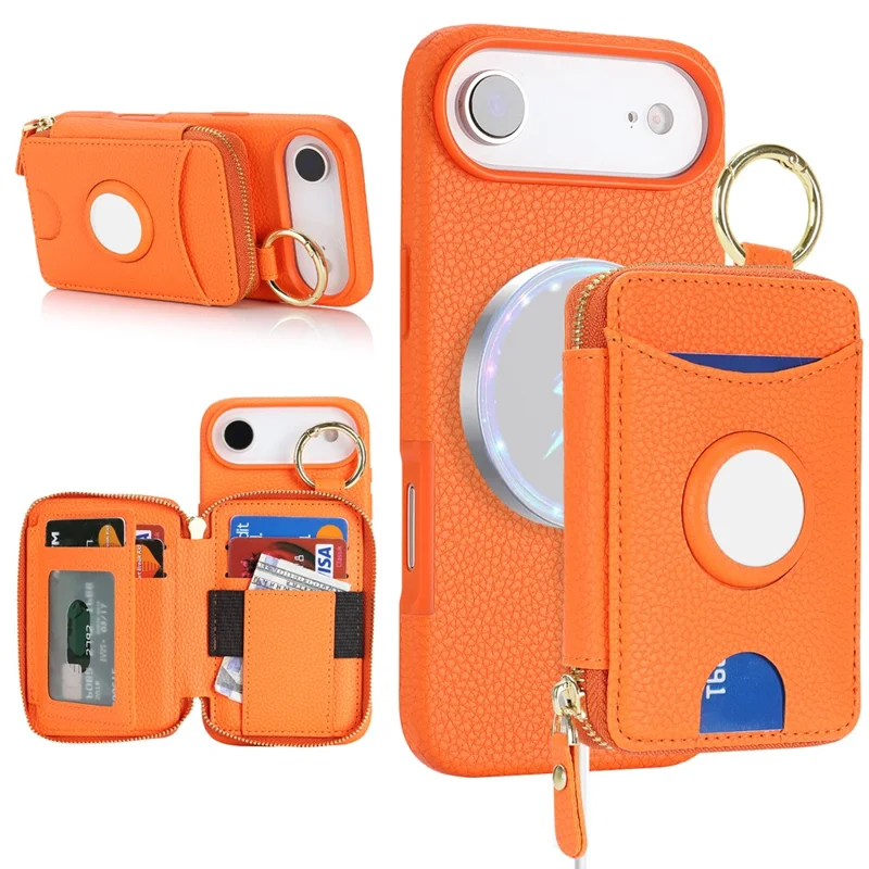 For iPhone Air Case PU Leather Coated TPU Phone Cover with Magnetic Detachable Wallet for AirTag - Orange