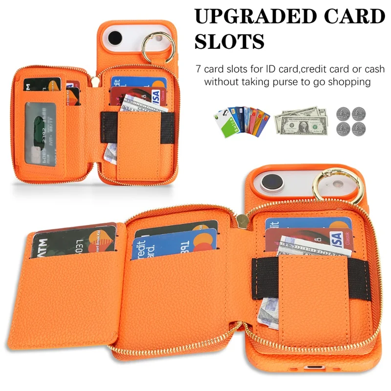 For iPhone Air Case PU Leather Coated TPU Phone Cover with Magnetic Detachable Wallet for AirTag - Orange