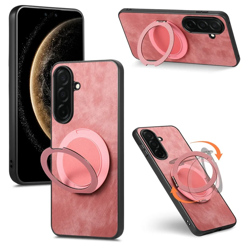 For Samsung Galaxy A57 5G Stress Relief Retro Leather Back Cover Phone Case with Rotating Kickstand - Pink