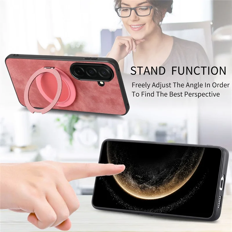 For Samsung Galaxy A57 5G Stress Relief Retro Leather Back Cover Phone Case with Rotating Kickstand - Pink