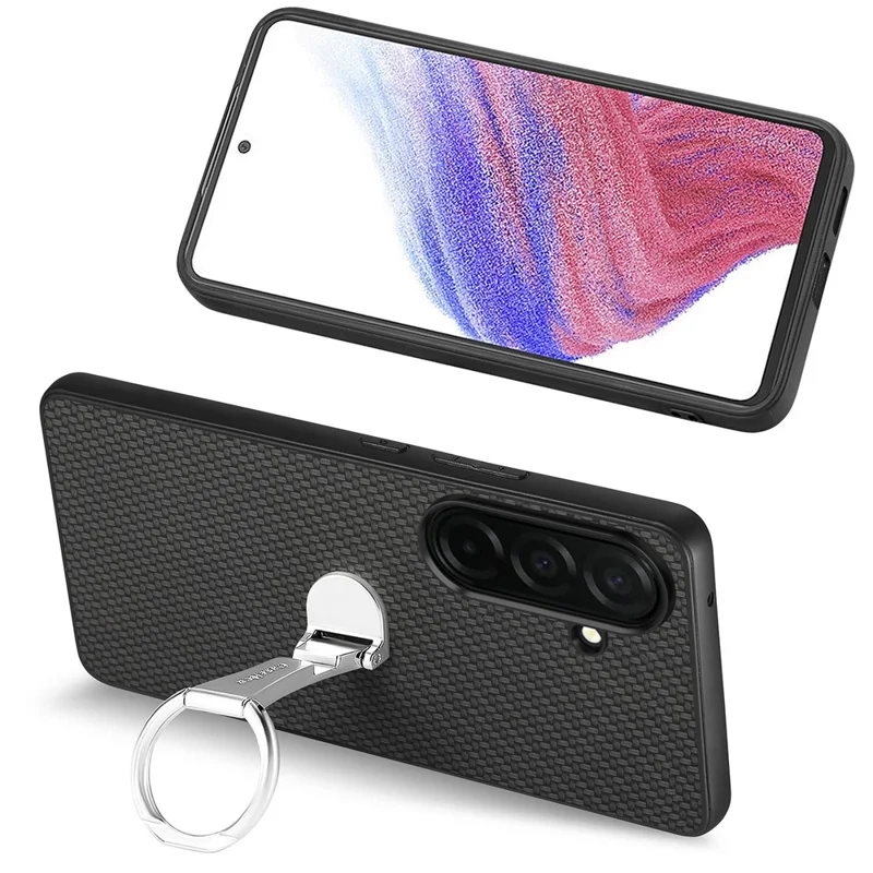 For Samsung Galaxy A57 5G Case Card Holder Kickstand Carbon Fiber Texture Back Cover - Black