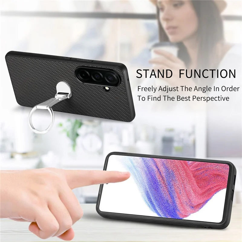 For Samsung Galaxy A37 5G Case Card Holder Kickstand Carbon Fiber Texture Back Cover - Black