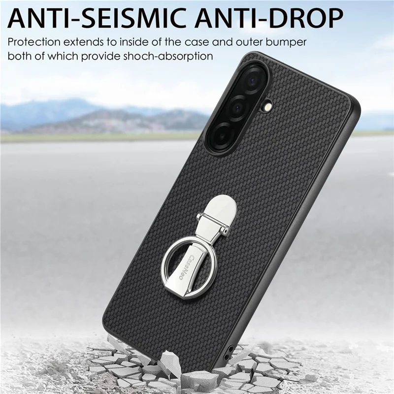 For Samsung Galaxy A37 5G Case Card Holder Kickstand Carbon Fiber Texture Back Cover - Black