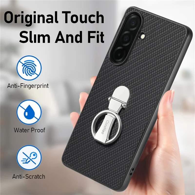 For Samsung Galaxy A37 5G Case Card Holder Kickstand Carbon Fiber Texture Back Cover - Black
