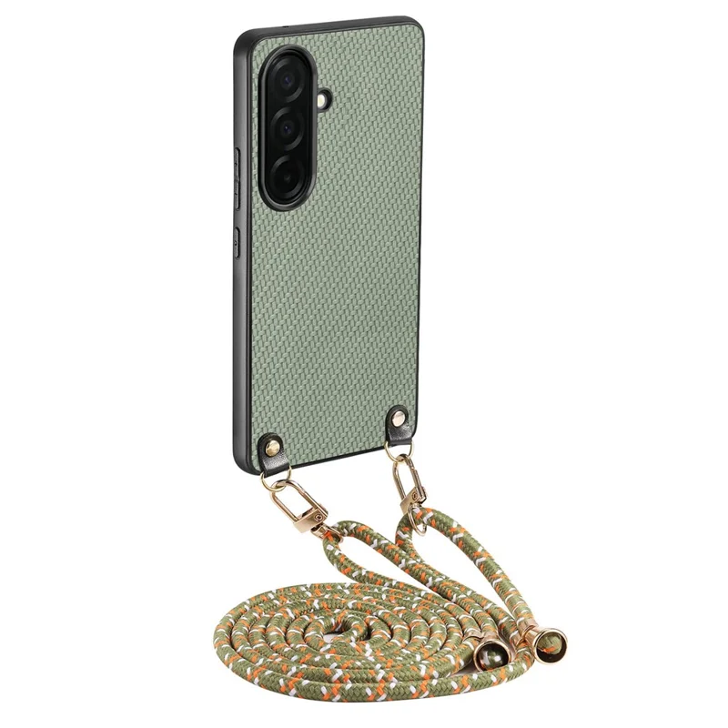 For Samsung Galaxy A57 5G Case Carbon Fiber Texture Hybrid Phone Back Cover with Adjustable Strap - Green