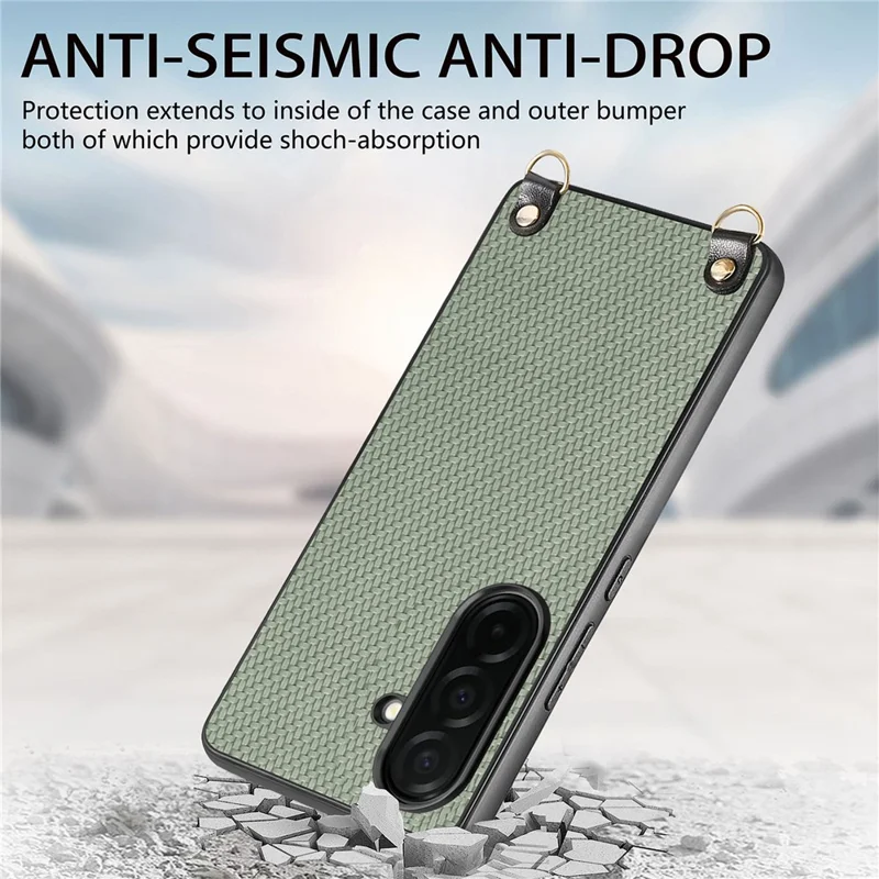 For Samsung Galaxy A57 5G Case Carbon Fiber Texture Hybrid Phone Back Cover with Adjustable Strap - Green
